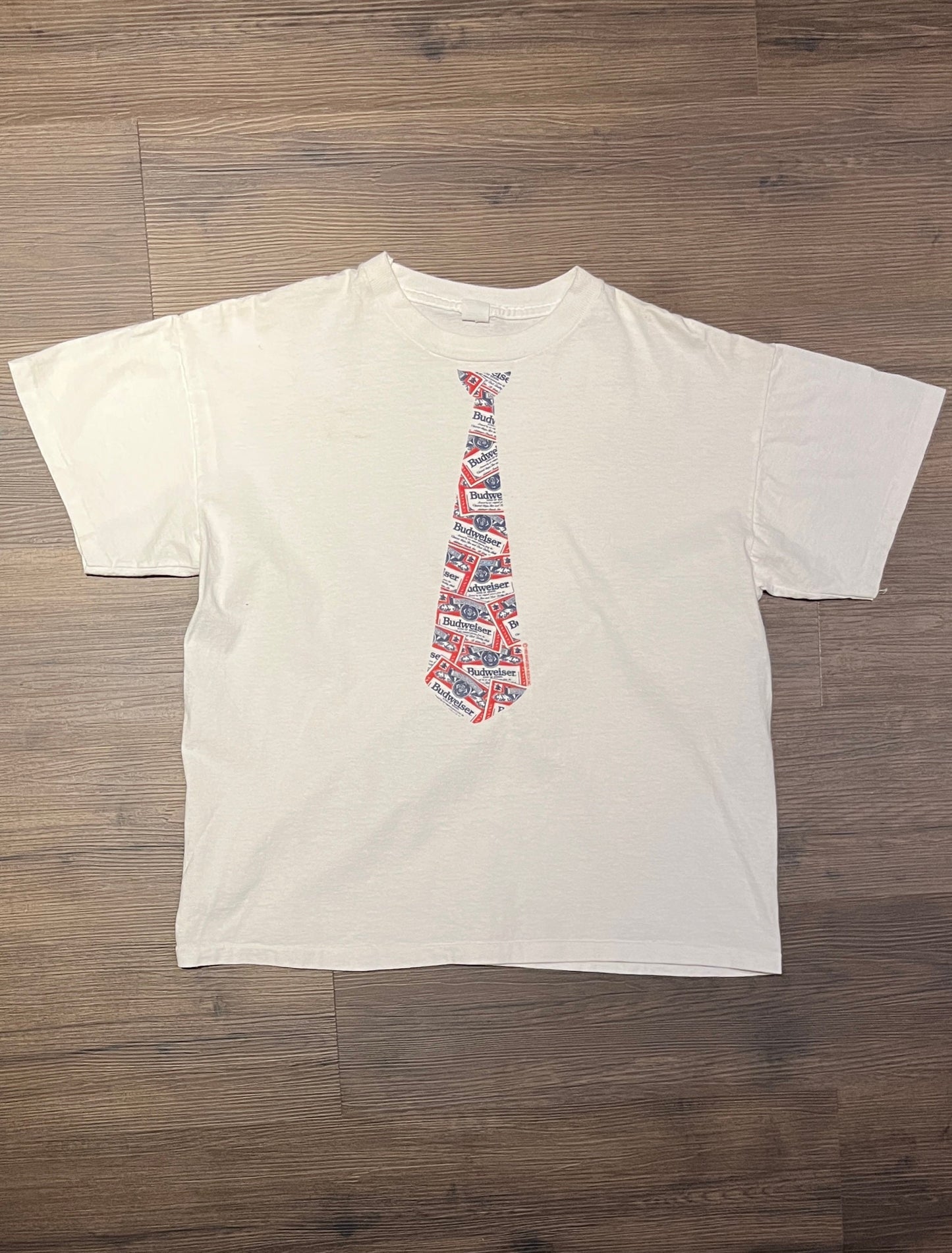 Budweiser King Of Beers Tie Graphic Tee | Size X-Large | Vintage 1990s Red & White T-Shirt | Alcohol Promotional Tee | Free Shipping to USA|