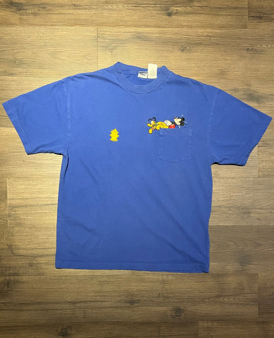 Mickey Mouse & Pluto Embroidered Graphic Tee | Size X-Large | Vintage 2000s Disney Cartoon Blue T-Shirt | Free Shipping to USA |