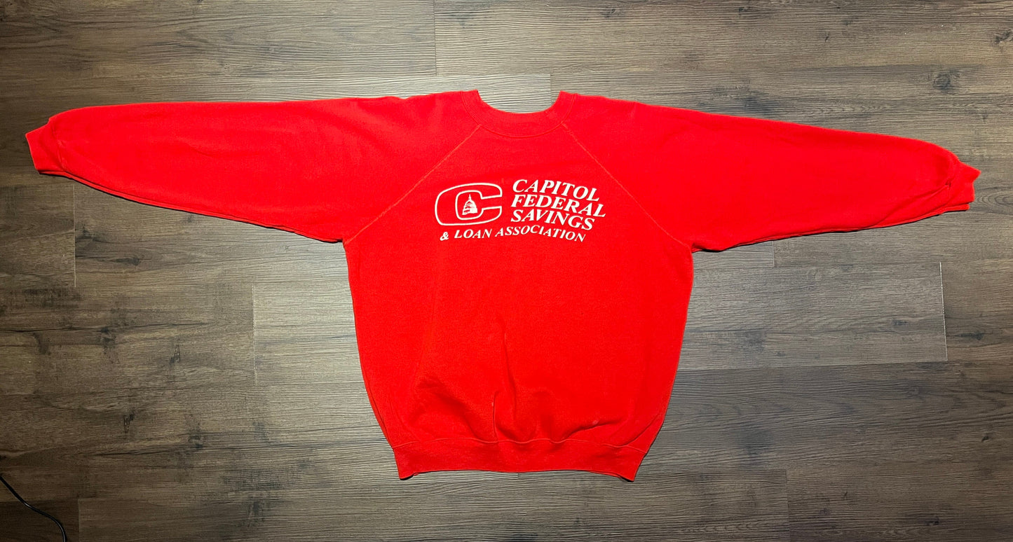 Capitol Federal Savings & Loan Association Graphic Crewneck | Size XL | Vintage 1990s Promotional Red Sweater | Free Shipping to USA |