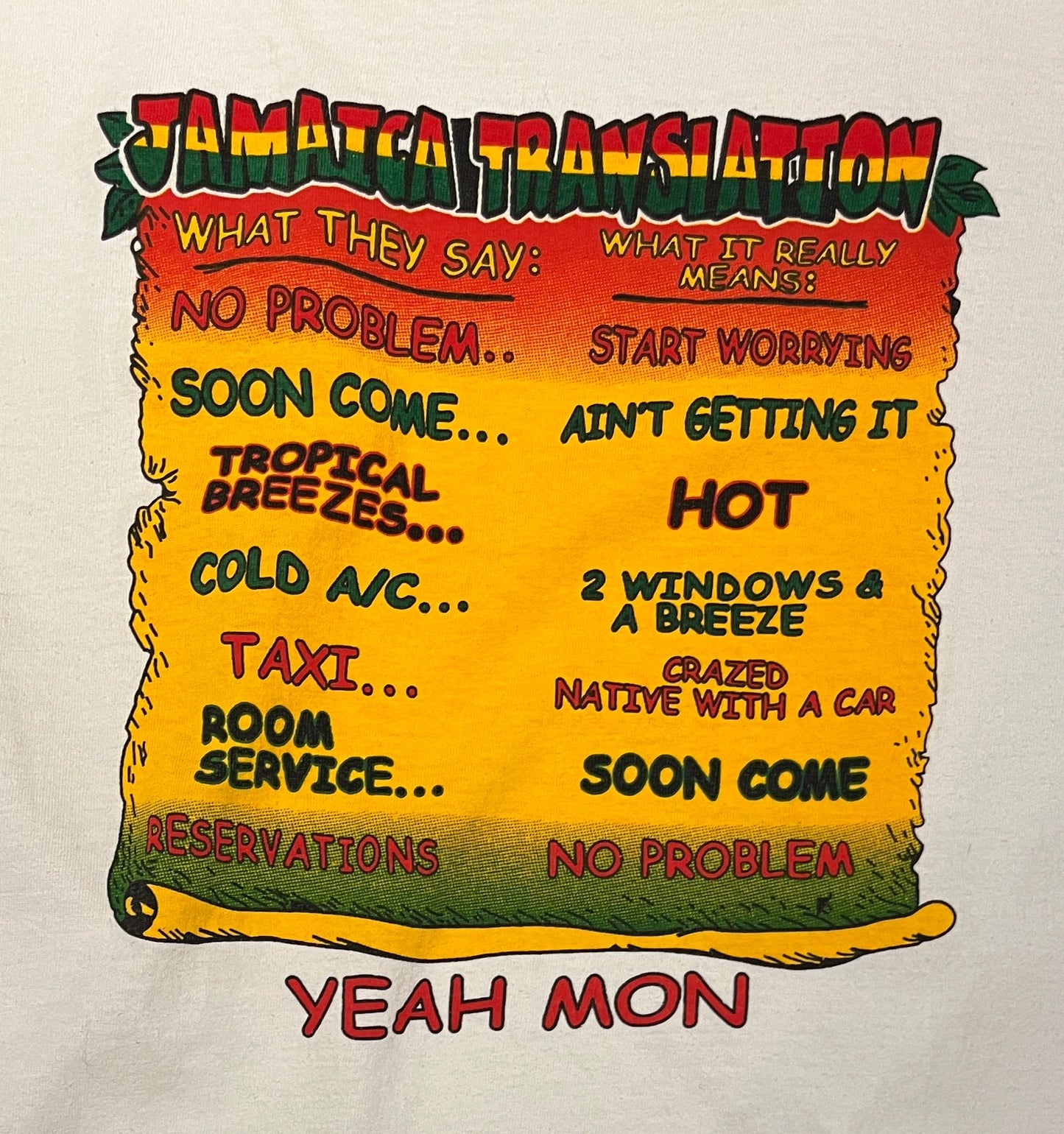 Jamaica Translation Yeah Mon Graphic Tee | Size Large | Vintage 2000s Funny Tourist Promotional White T-Shirt | Free Shipping to USA |