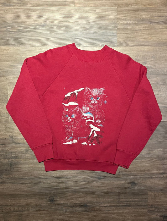 Couple Kittens Graphic Crewneck | Size Medium | Vintage 1980s Cute Animal Promotional Red Sweater | Made in Canada | Free Shipping to USA |