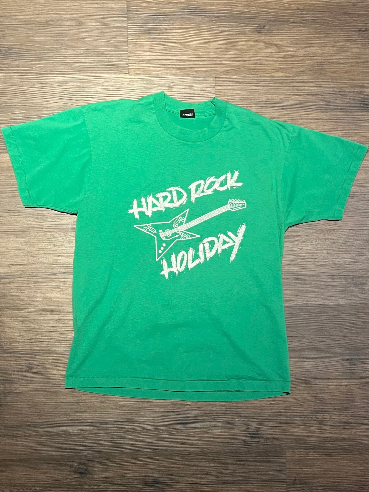 Hard Rock Holiday Guitar Graphic Tee | Size X-Large | Vintage 1990s Single Stitch Green T-Shirt | Made in USA | Free Shipping to USA |