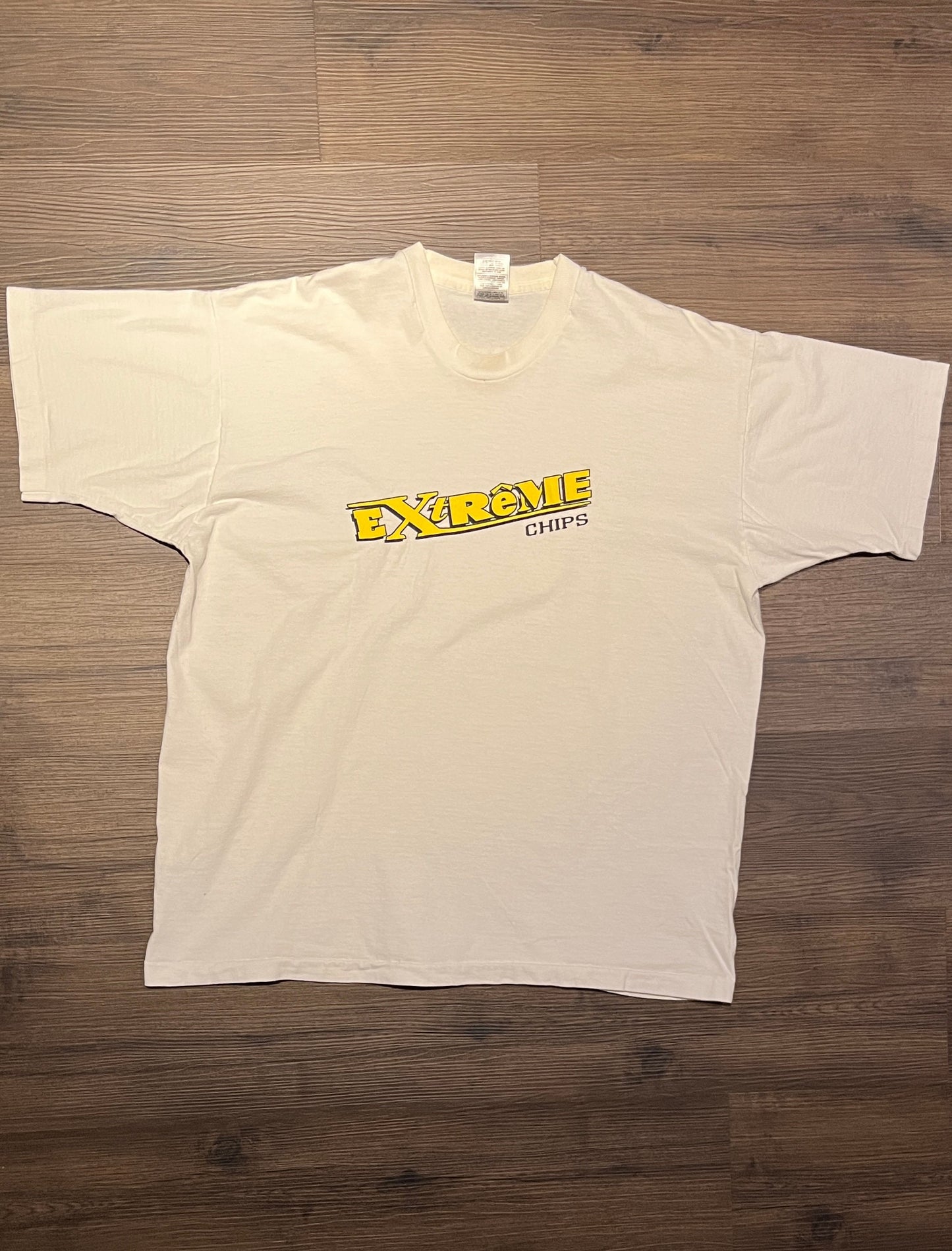 Extreme Chips Graphic Tee | Size X-Large | Vintage 1990s Single Stitch Promotional White T-Shirt | Made in Canada | Free Shipping to USA |