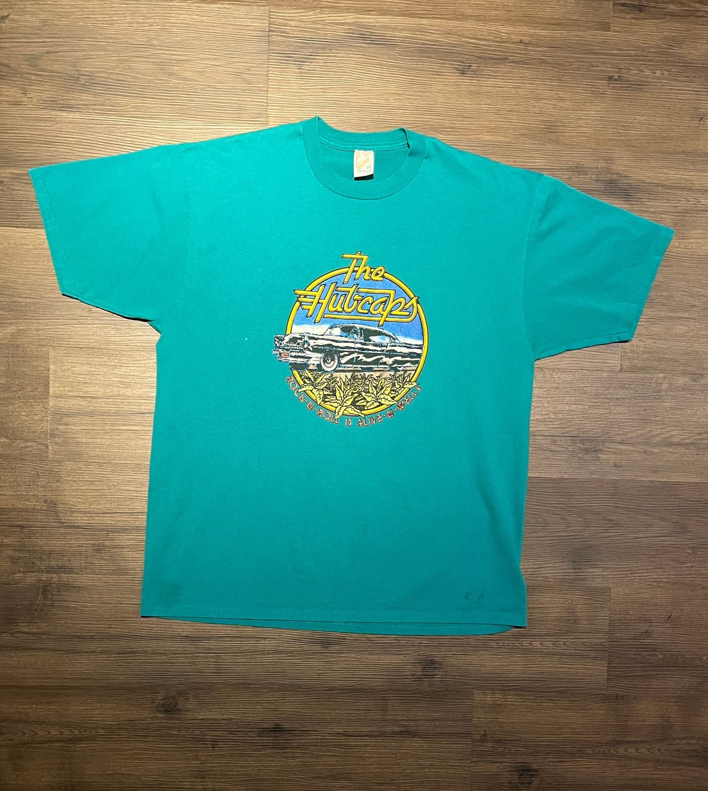 The Hubcap Rock-N-Roll Is Alive-N-Well Graphic Tee | Size XXL | Vintage 1990s Promotional Green T-Shirt | Made in USA |Free Shipping to USA|