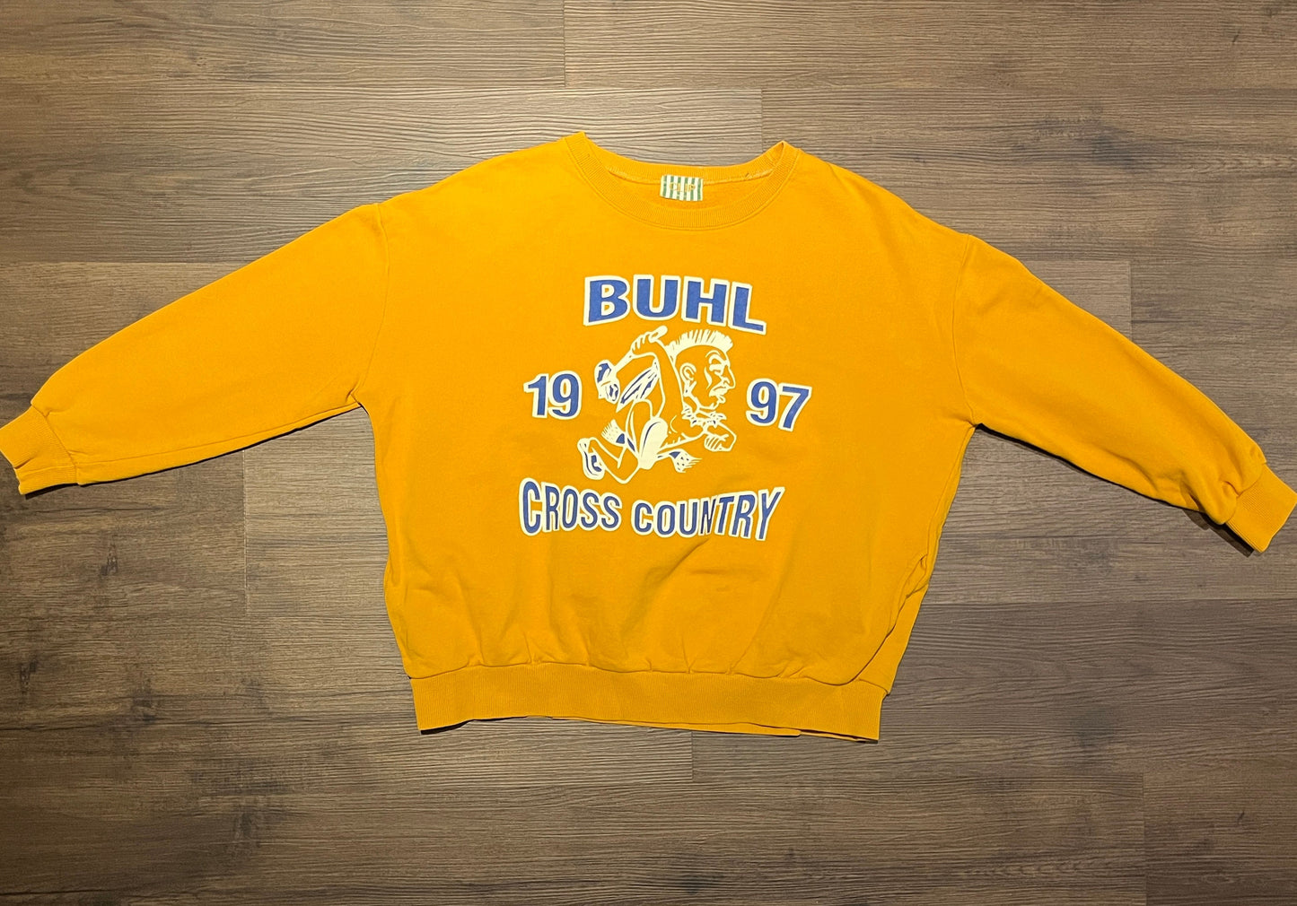 Buhl High School 1997 Cross Country Graphic Crewneck | Size Medium | Vintage 1990s Promotional Yellow Sweater | Free Shipping to USA |