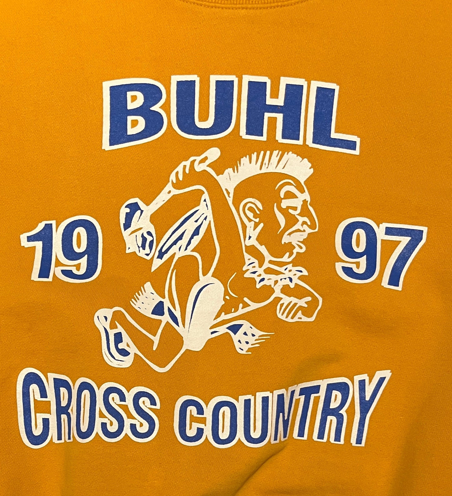 Buhl High School 1997 Cross Country Graphic Crewneck | Size Medium | Vintage 1990s Promotional Yellow Sweater | Free Shipping to USA |