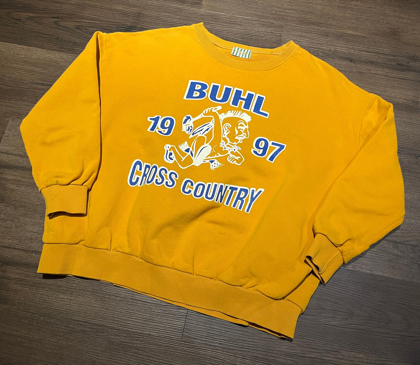 Buhl High School 1997 Cross Country Graphic Crewneck | Size Medium | Vintage 1990s Promotional Yellow Sweater | Free Shipping to USA |