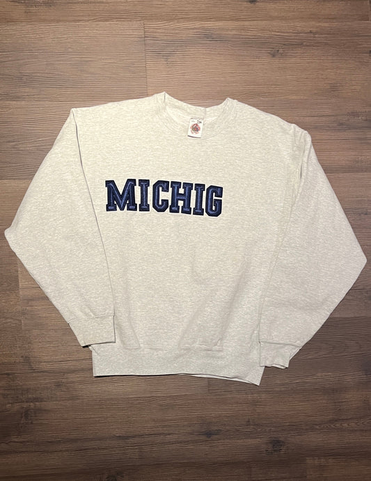 University of Michigan Stitched Graphic Crewneck | Size Large | Vintage 1990s College Sports Heather Grey Sweater | Free Shipping to USA |