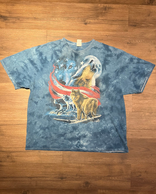 Wolves In The Forest Graphic Tee | Size XXX-Large | Vintage 2000s Wolf Animal Tie Dye Blue T-Shirt | Free Shipping to USA|