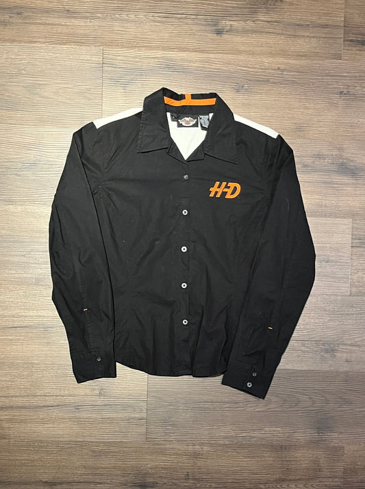 Harley Davidson Racing Embroidered Graphic Tee | Size Large | Vintage 1990s Button Down Orange & Black T-Shirt | Free Shipping to USA |