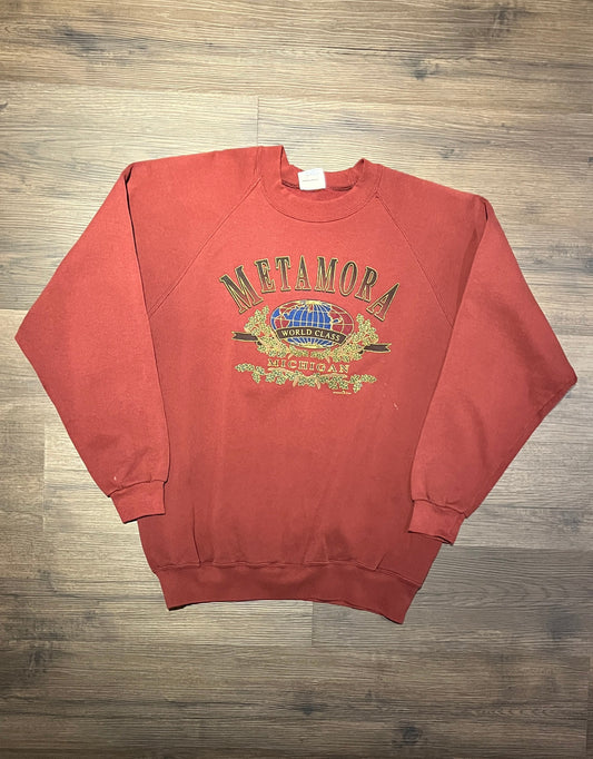 Metamora, Michigan World Class Graphic Crewneck | Size XX-Large | Vintage 1990s Tourist Promotional Red Sweater | Free Shipping to USA |