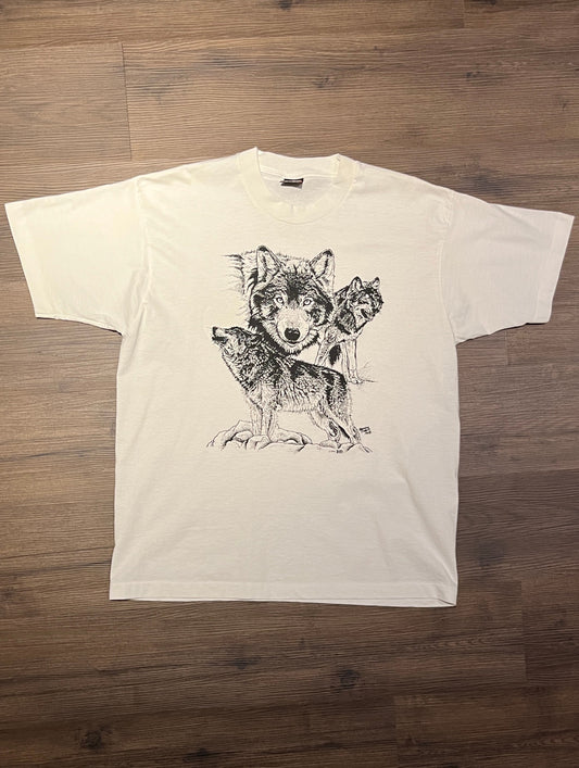 Wolfpack Scenic Graphic Tee | Size X-Large | Vintage 1990s Single Stitch Wolf Animal White T-Shirt | Made in USA | Free Shipping to USA |