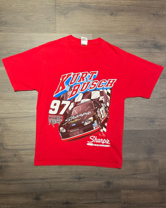 Kurt Busch Roush Racing NASCAR Graphic Tee | Size Large | Vintage 2000s Red Racing T-Shirt | Chase Authentic Tag | Free Shipping to USA |