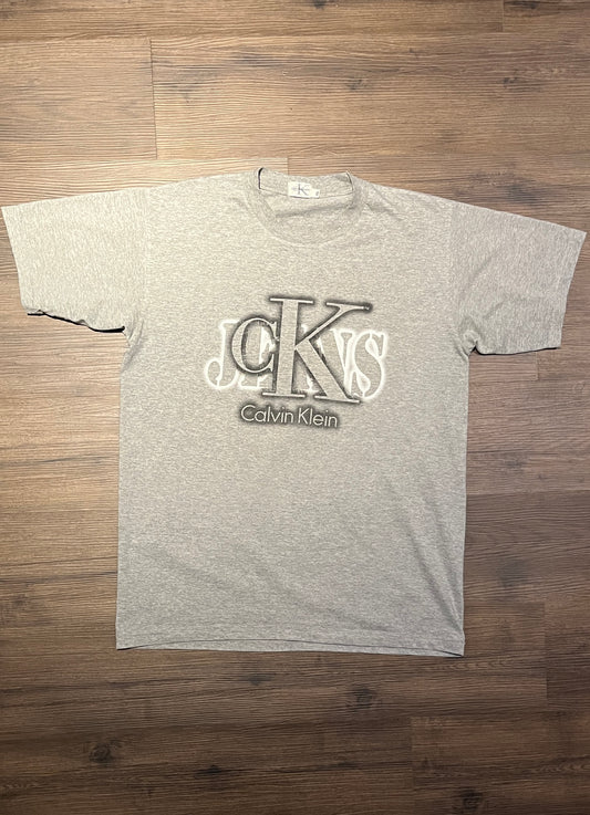 Calvin Klein Jeans Spray Paint Graphic Tee | Size X-Large | Vintage 1990s Branded Grey T-Shirt | Free Shipping to USA |