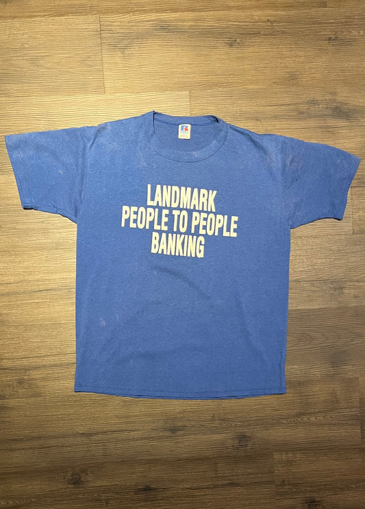 Landmark Bank People To People Banking Graphic Tee | Size Large | Vintage 1990s Promotional Blue T-Shirt | Made in USA|Free Shipping to USA|