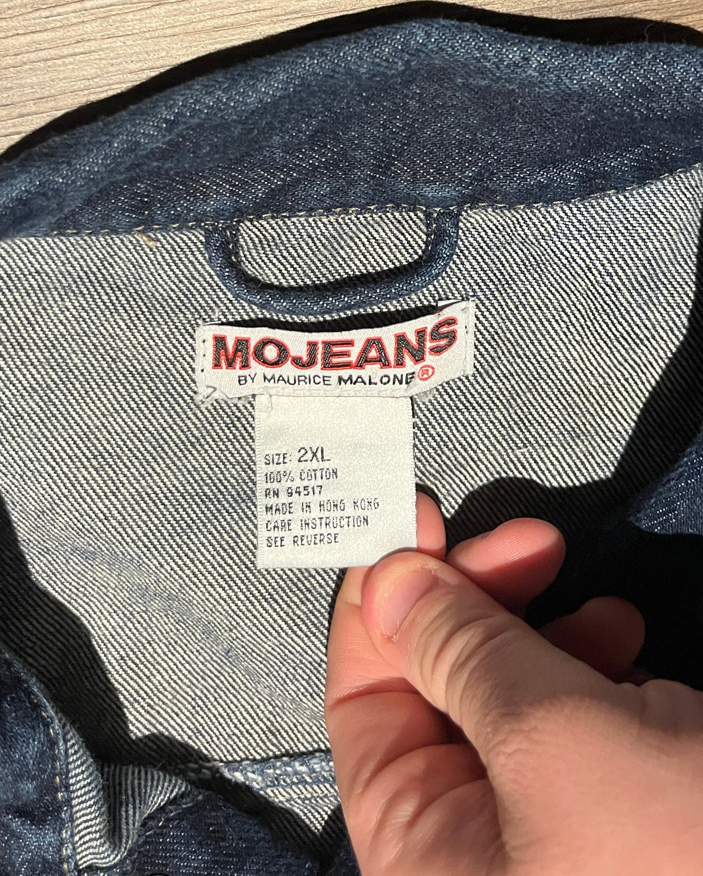 MoJeans by Maurice Malone Denim Jacket | Size XX-Large | Vintage 1990s Dark Blue Jean Jacket | Stitched Lettering | Free Shipping to USA |