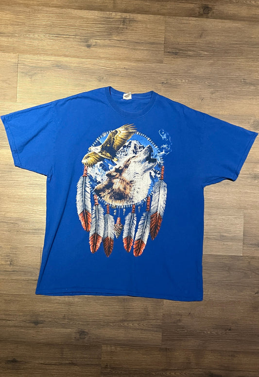 Wolf & Eagle Dreamcatcher Graphic Tee | Size XX-Large | Vintage 2000s Animal Dreamcatcher Blue T-Shirt | Free Shipping to USA |