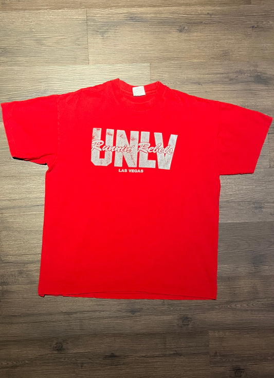 University of Nevada Las Vegas Runnin' Rebels Graphic Tee | Size XL | Vintage 1990s College Single Stitch Red T-Shirt |Free Shipping to USA|