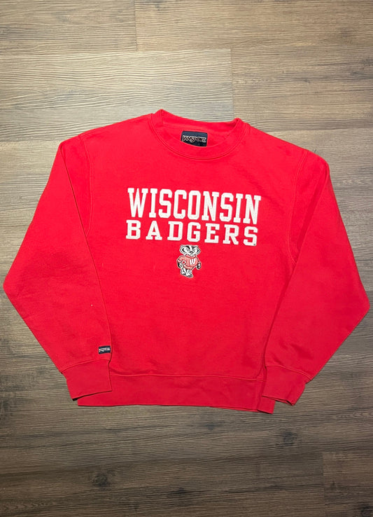 Wisconsin Badgers Stitched Graphic Crewneck | Size Small | Vintage 1990s College Sports Red Sweater | Jansport Tag | Free Shipping to USA |