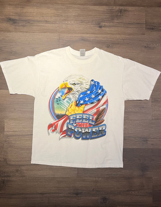 Feel The Power Of Freedom Eagle Graphic Tee | Size X-Large | Vintage 2000s Tourist White T-Shirt | American Proud | Free Shipping to USA |