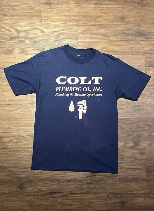 Colt Plumbing Co., Inc. Graphic Tee | Size Large | Vintage 1990s Promotional Single Stitch Blue T-Shirt | Free Shipping to USA |