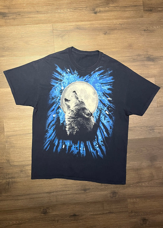 Wolves Howling At The Moon Scenic Graphic Tee | Size XL | Vintage 2000s Wolf Animal Blue & Black T-Shirt | Free Shipping to USA |