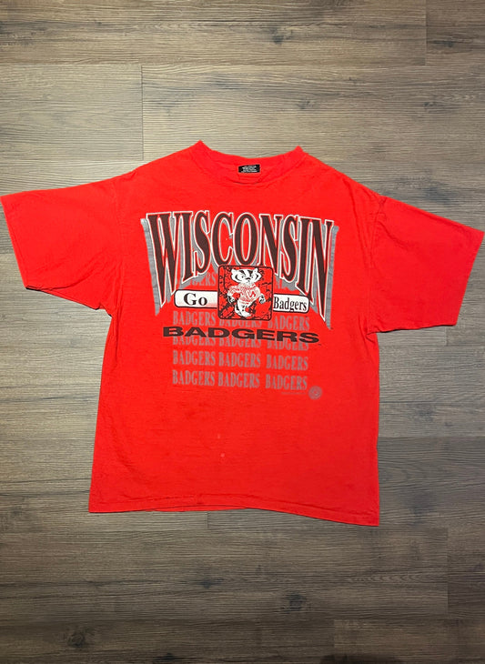 Wisconsin Badgers Graphic Tee | Size Large | Vintage 1990s College Sports Single Stitch Red T-Shirt | Made in USA | Free Shipping to USA |