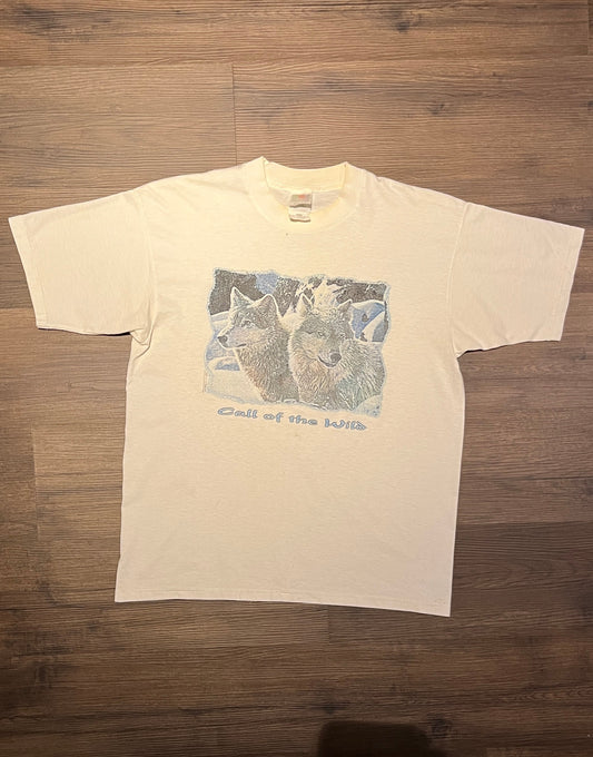 Call Of The Wild Wolfpack Graphic Tee | Size Large | Vintage 1990s Scenic Wolf Animal White T-Shirt | Free Shipping to USA |