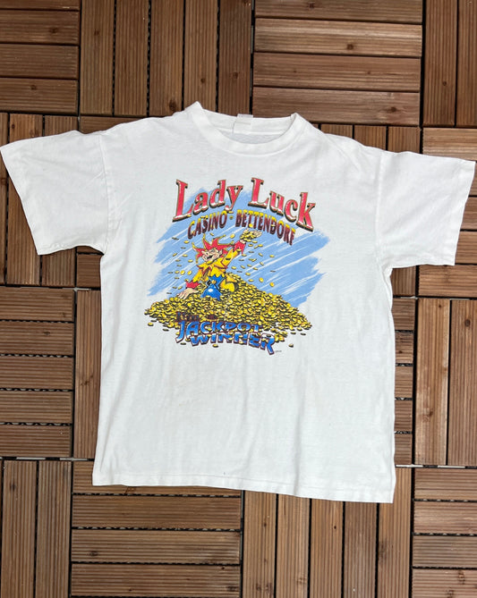 Casino Bettendorf Lady Luck Graphic Tee | Size Medium | Vintage 1990s Single Stitch White T-Shirt | Bettendorf, Iowa | Free Shipping to USA|