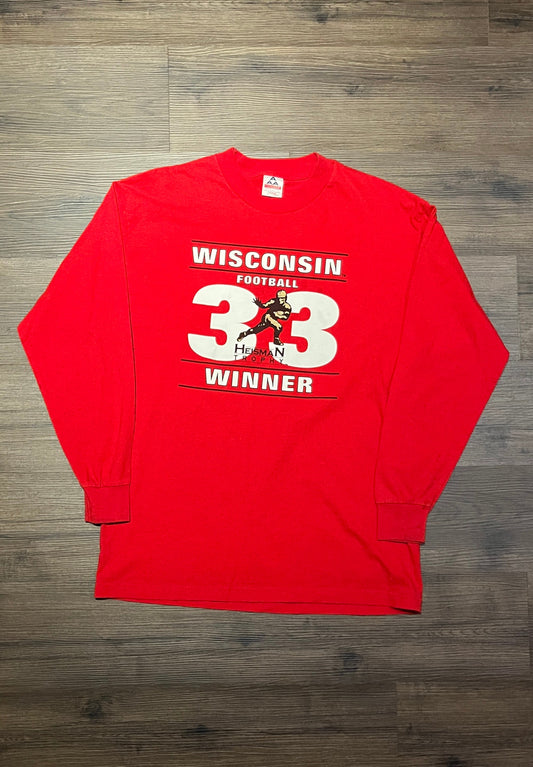 Wisconsin Badgers Ron Dayne Heisman Graphic Tee | Size Large | Vintage 1980s College Football Red Long Sleeve T-Shirt |Free Shipping to USA|