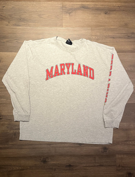 Maryland Terrapins Spell Out Graphic Tee | Size X-Large | Vintage 1990s College Basketball Grey Long Sleeve T-Shirt | Free Shipping to USA |