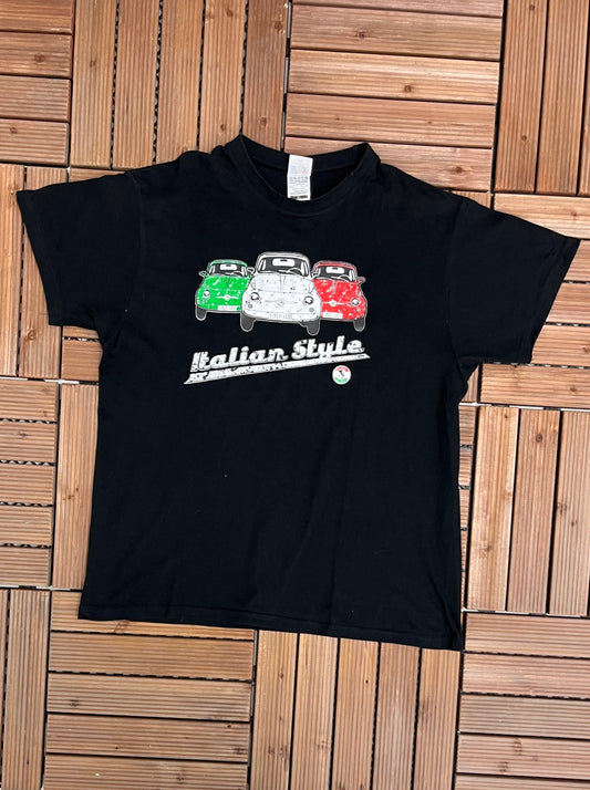 Italian Style Vehicles Graphic Tee | Size X-Large | Vintage 2000s Promotional Italian Car Black T-Shirt | Free Shipping to USA |