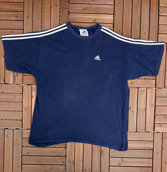 Adidas Striped Embroidered Graphic Tee | Size X-Large | Vintage 2000s Oversized Branded Blue T-Shirt | Free Shipping to USA |