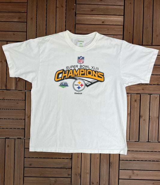 Pittsburgh Steelers Super Bowl XLIII Champions Graphic Tee | Size X-Large | Vintage 2000s NFL Football White T-Shirt | Free Shipping to USA|