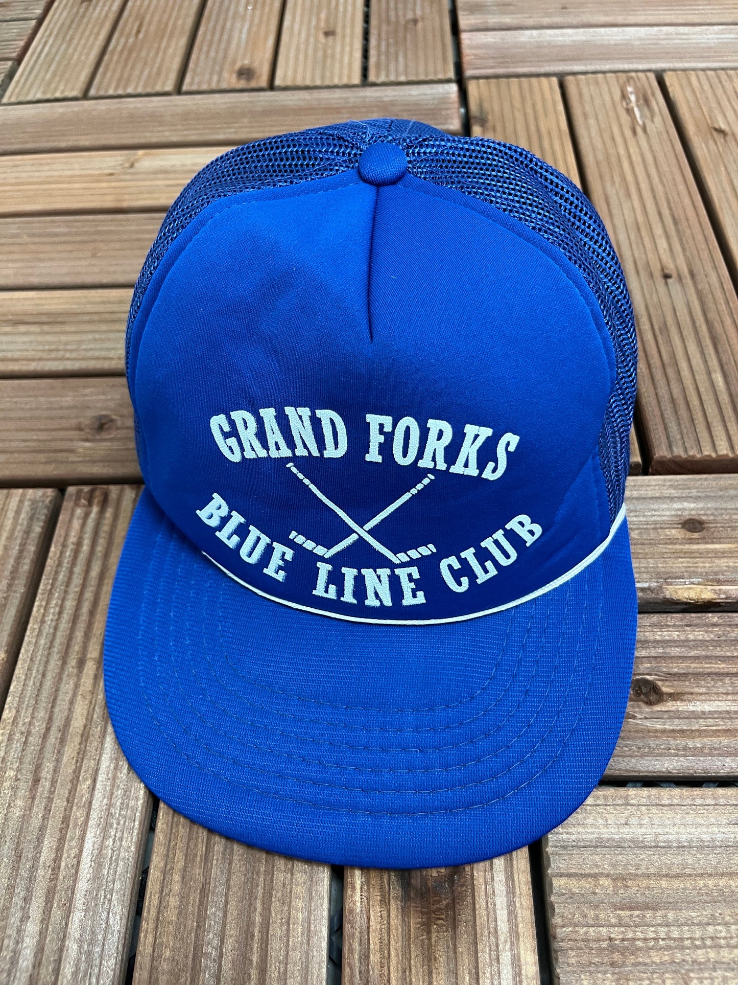 Grand Forks Blue Line Club Graphic Hat | Adjustable With Snap Back | Vintage 1990s Promotional Blue Cap | Free Shipping to USA |