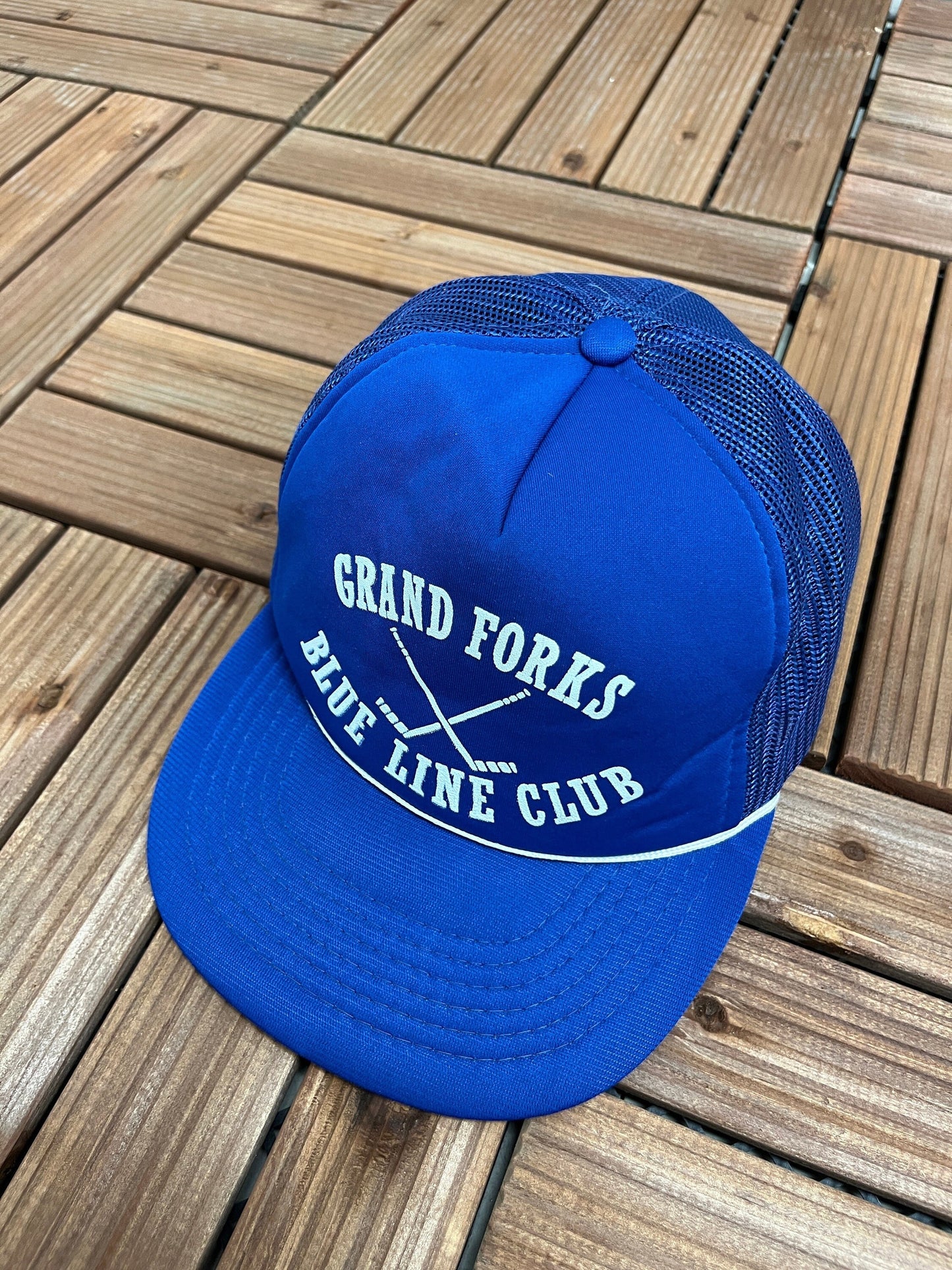 Grand Forks Blue Line Club Graphic Hat | Adjustable With Snap Back | Vintage 1990s Promotional Blue Cap | Free Shipping to USA |