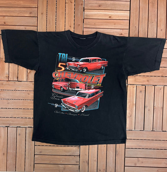 Chevrolet Tri-Five Graphic Tee | Size X-Large | Vintage 2000s Old School Muscle Car Promotional Chevy Black T-Shirt | Free Shipping to USA |