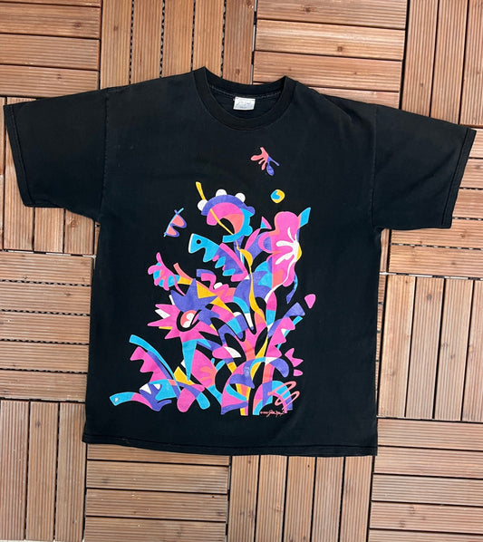 Gilda Mary Abstract Art Graphic Tee | One Size Fits All | Vintage 1990s Promotional Art Black T-Shirt | Free Shipping to USA |