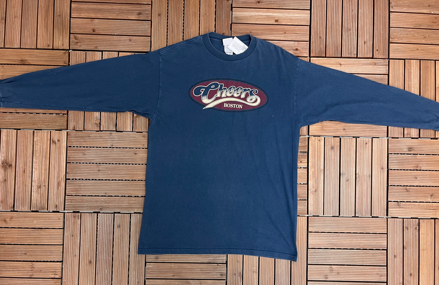 Cheers Boston Graphic Tee | Size X-Large | Vintage 1990s Television Series Promotional Long Sleeve Blue T-Shirt | Free Shipping to USA |