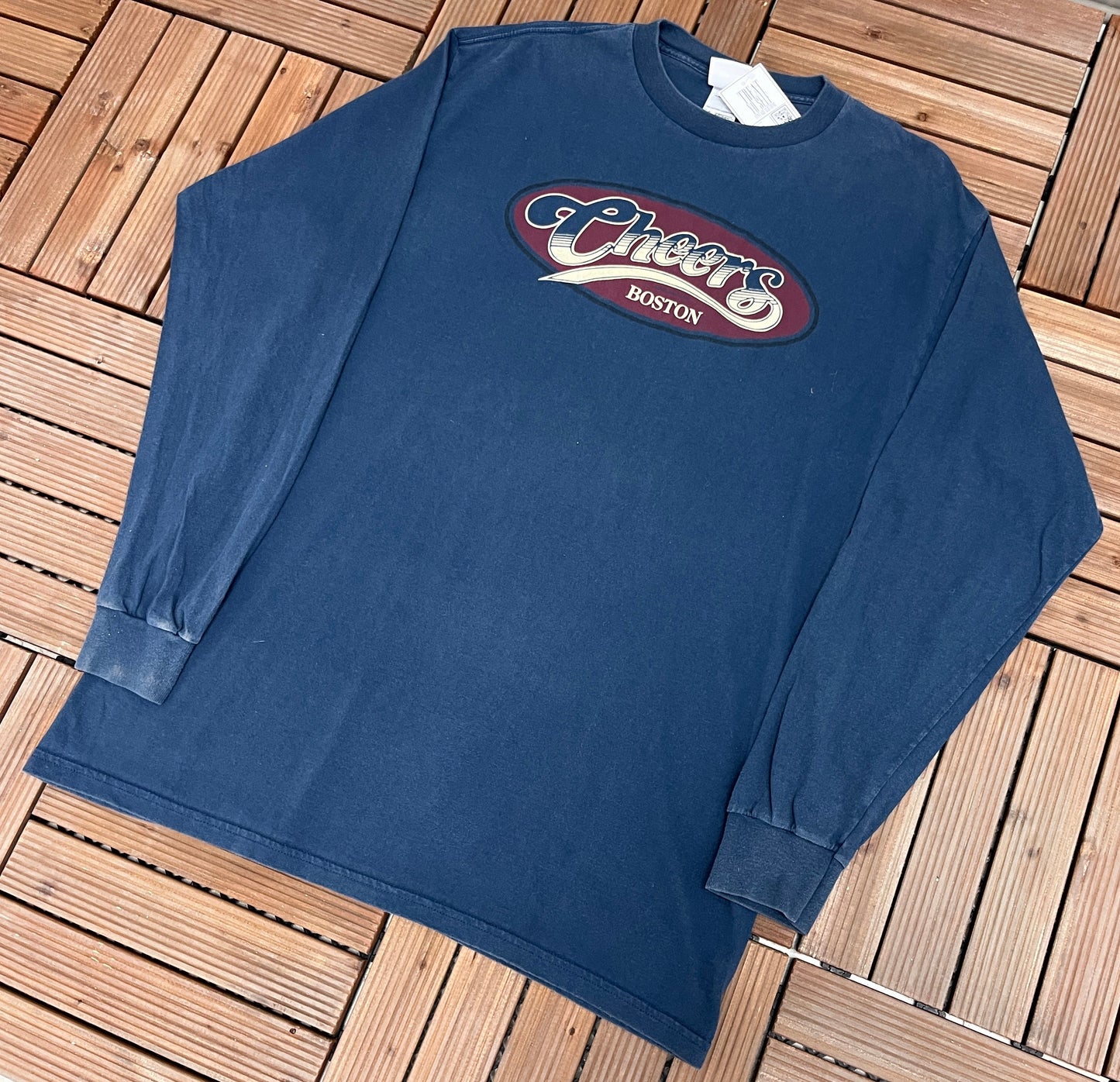 Cheers Boston Graphic Tee | Size X-Large | Vintage 1990s Television Series Promotional Long Sleeve Blue T-Shirt | Free Shipping to USA |