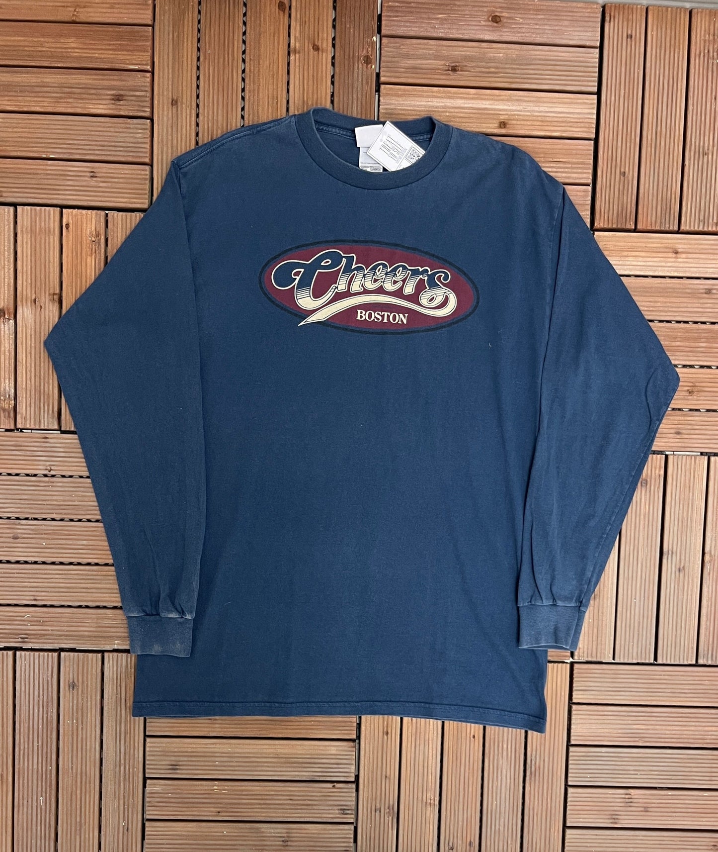 Cheers Boston Graphic Tee | Size X-Large | Vintage 1990s Television Series Promotional Long Sleeve Blue T-Shirt | Free Shipping to USA |