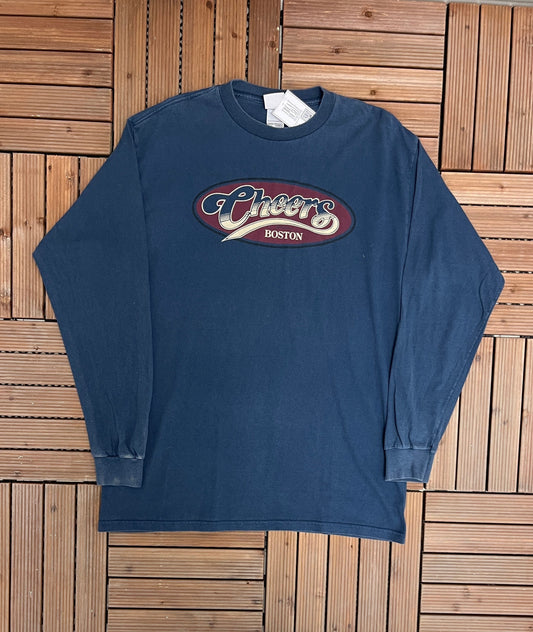 Cheers Boston Graphic Tee | Size X-Large | Vintage 1990s Television Series Promotional Long Sleeve Blue T-Shirt | Free Shipping to USA |