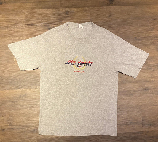 Las Vegas, Nevada Embroidered Graphic Tee | Size Large | Vintage 2000s Promotional Tourist Grey T-Shirt | Free Shipping to USA |