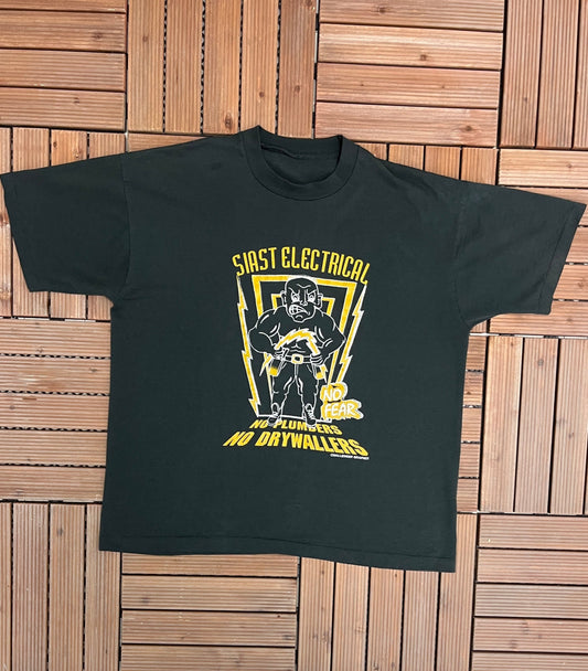 No Fear Siast Electric No Plumbers, No Drywallers Graphic Tee | Size Large | Vintage 1990s Promotional Black T-Shirt | Free Shipping to USA|