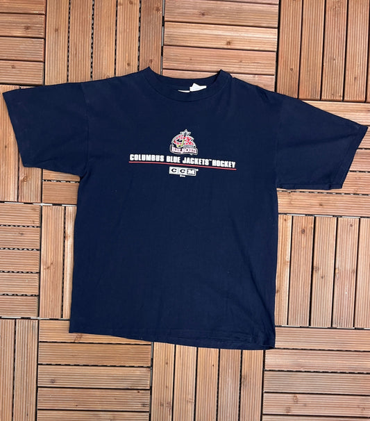 Columbus Blue Jackets Hockey Graphic Tee | Size X-Large | Vintage 2000s CCM Branded NHL Hockey Blue T-Shirt | Free Shipping to USA |