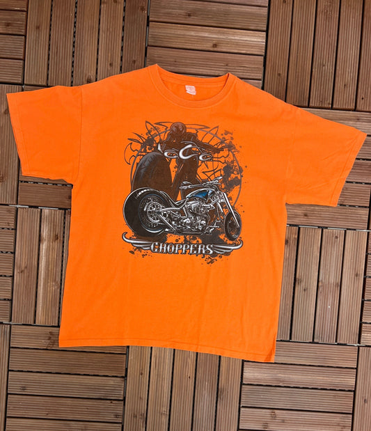 Choppers Biker Graphic Tee | Size Large | Vintage 2000s Motorcycle Biker Orange T-Shirt | Free Shipping to USA |