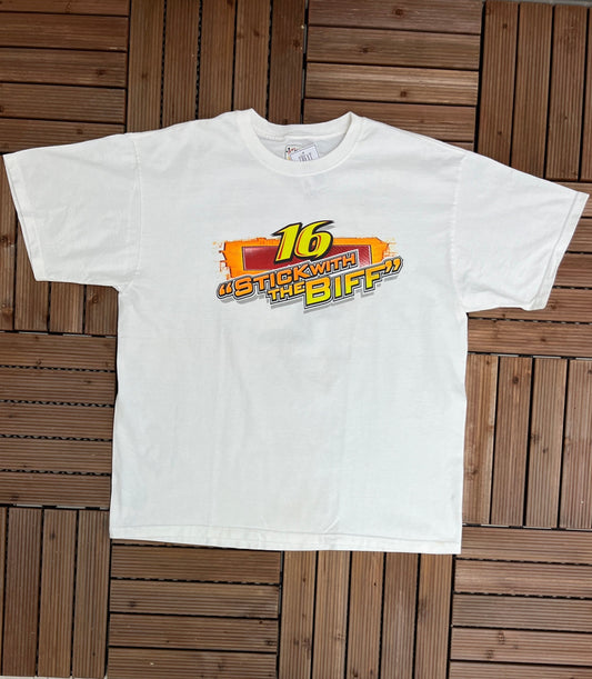 Greg Biffle NASCAR Racing Graphic Tee | Size X-Large | Vintage 2000s Stick With The Biff Racing White T-Shirt | Free Shipping to America |