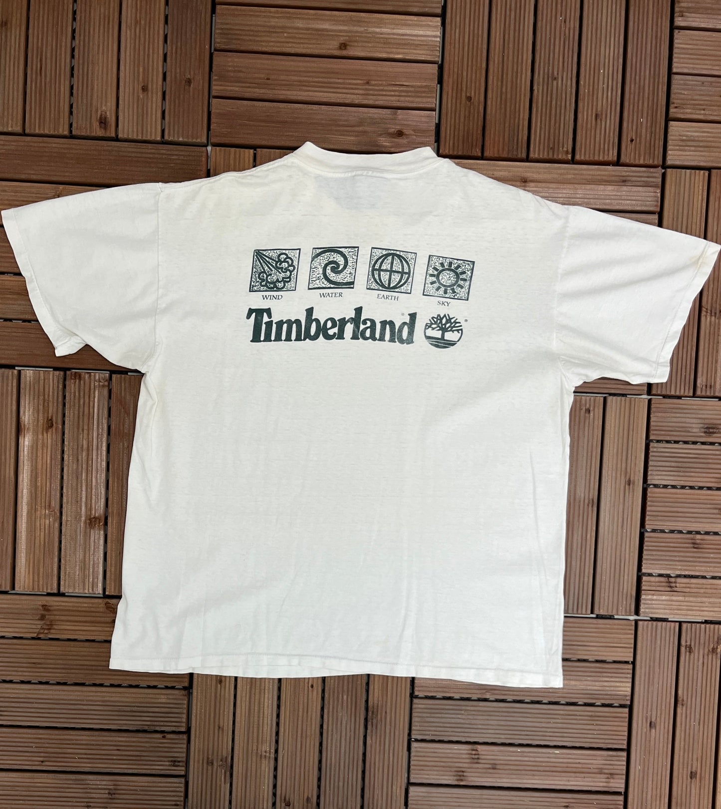 Timberland Bootleg Graphic Tee | Size X-Large | Vintage 1990s White Graphic T-Shirt | Earth. Wind. Water. Fire. | Free Shipping to USA |