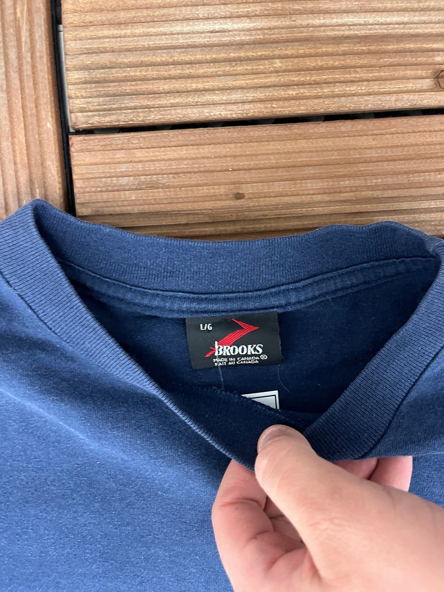 Brooks Small Logo Embroidered Graphic Tee | Size Large | Vintage 1990s Single Stitch Blue T-Shirt | Made in Canada | Free Shipping to USA |