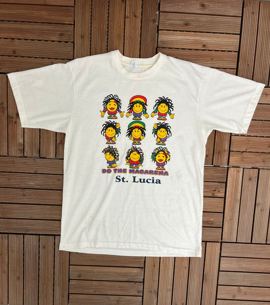 Do The Macarena St. Lucia Graphic Tee | Size Large | Vintage 1990s Promotional Tourist White T-Shirt | Free Shipping to USA |